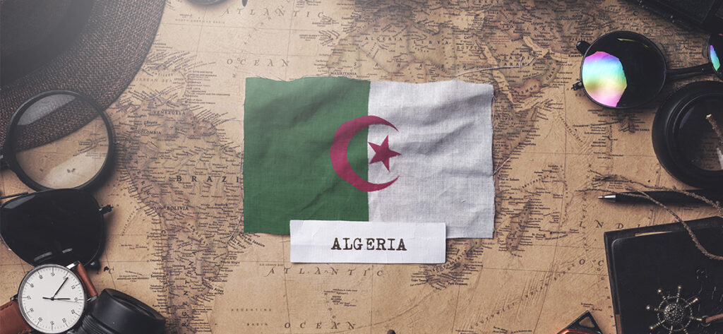 Algeria flag on a world map.