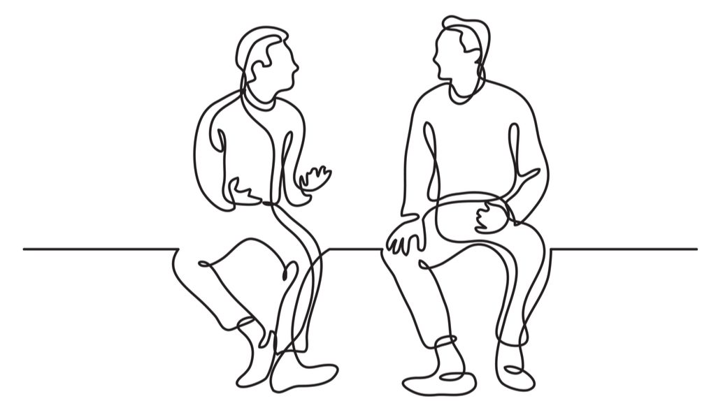 Line drawing of two mean talking to each other.
