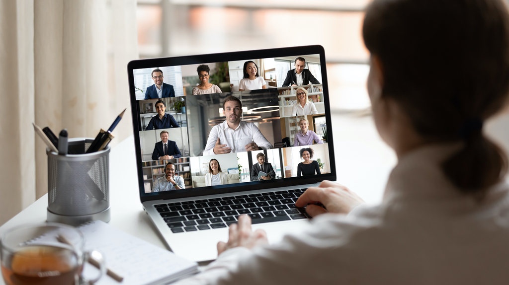 A lady viewing an online class or webinar on a laptop with several participants.